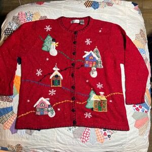 Victoria Jones Woman Red Winter Village Snowman‎ Cardigan Sweater  Wool mix